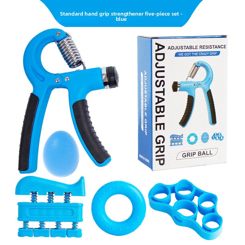 Adjustable resistance fitness equipment including grip strengthener, grip ball, and resistance bands.