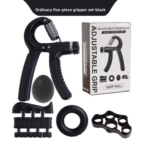 Adjustable resistance fitness equipment including grip strengthener, grip ball, and resistance bands.