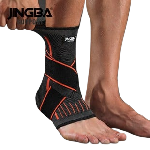 Ankle guard for running featuring three designs in black, orange, and green, providing support during sports activities.