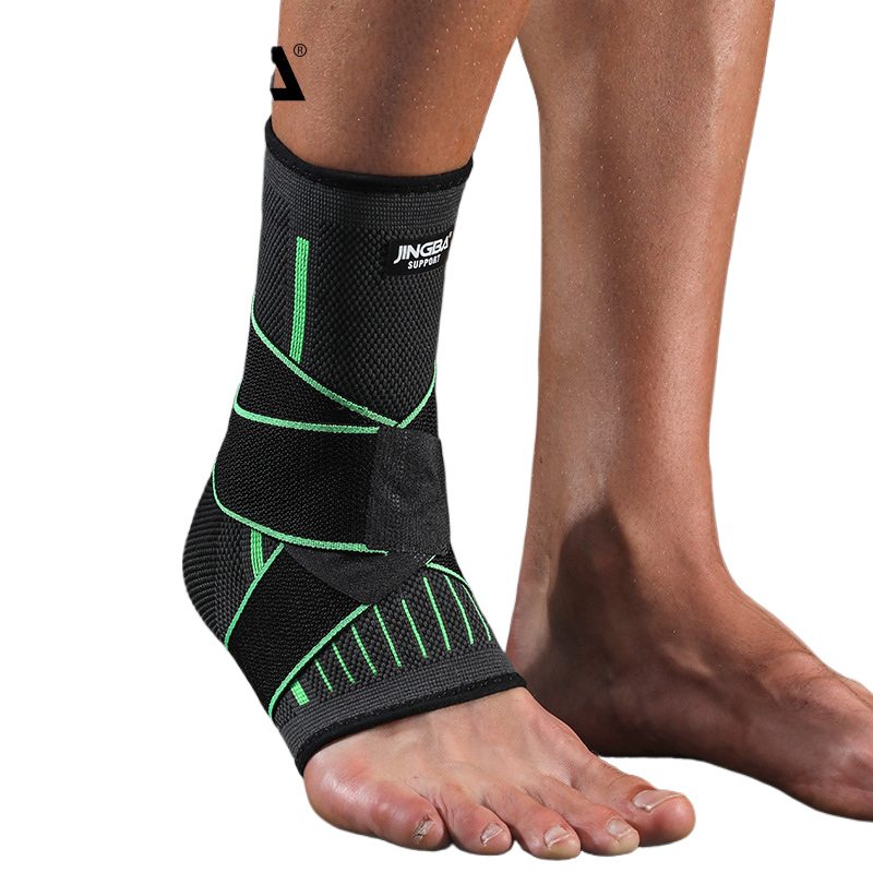 Ankle guard for running featuring three designs in black, orange, and green, providing support during sports activities.