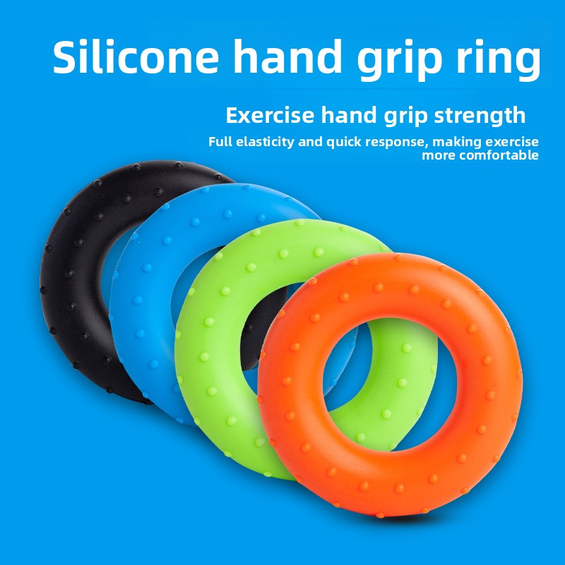 Silicone hand grip ring set for improving hand grip strength with adjustable resistance fitness equipment.