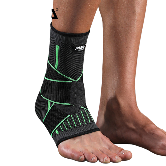 Ankle guard for running featuring three designs in black, orange, and green, providing support during sports activities.