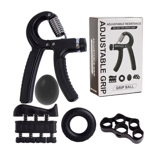 Adjustable resistance fitness equipment including grip strengthener, grip ball, and resistance bands.