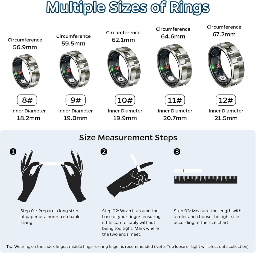 Smart ring health tracker size guide showing various ring sizes and measurement steps for optimal fit.