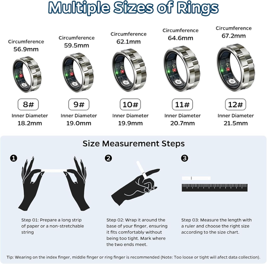 Smart ring health tracker size guide showing various ring sizes and measurement steps for optimal fit.