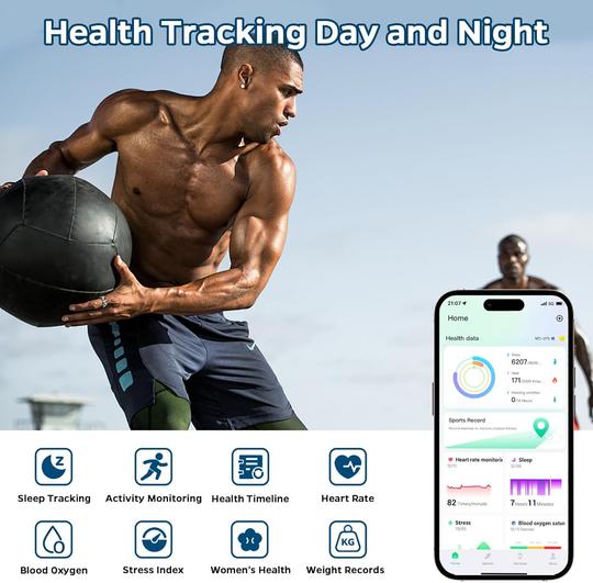 Smart ring health tracker showcasing health data, sleep tracking, activity monitoring, and fitness performance.