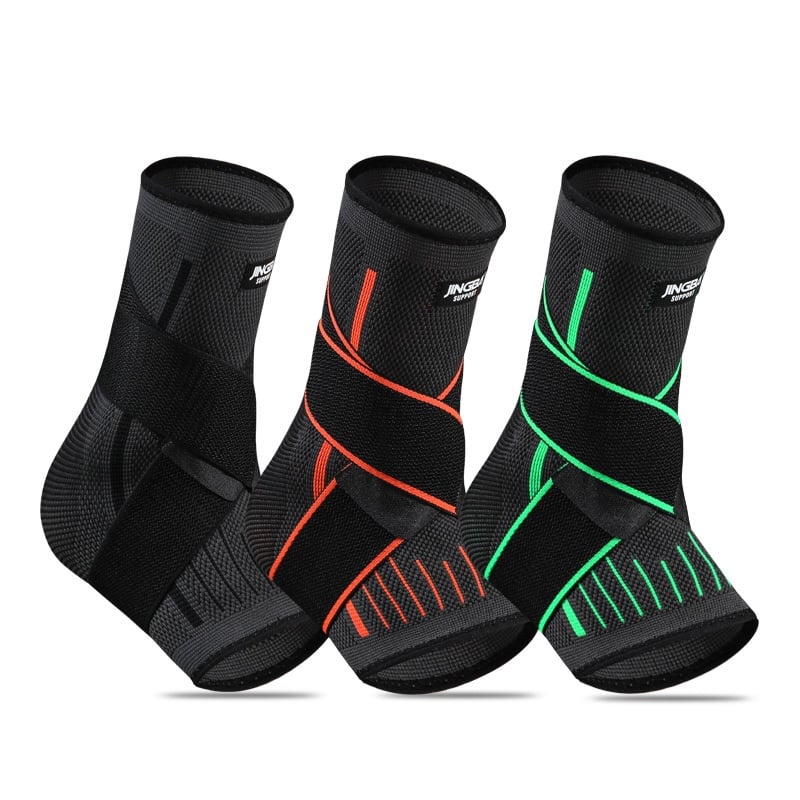 Ankle guard for running featuring three designs in black, orange, and green, providing support during sports activities.