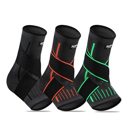 Ankle guard for running featuring three designs in black, orange, and green, providing support during sports activities.