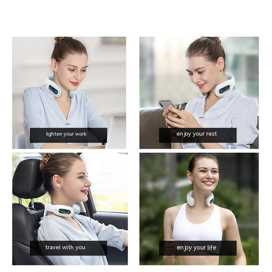 Electric neck massager in use for relaxation, work, travel, and enjoying life with multifunctional benefits.