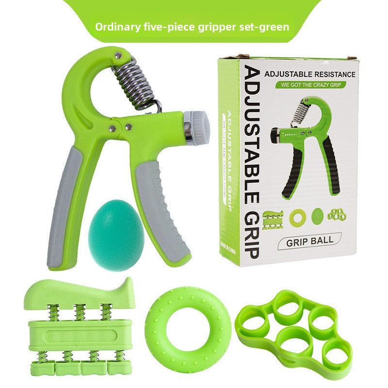 Adjustable resistance fitness equipment including grip strengthener, grip ball, and resistance bands.