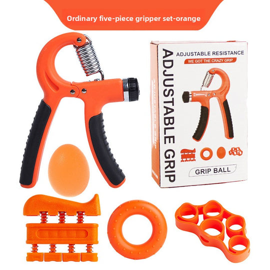 Adjustable resistance fitness equipment including grip strengthener, grip ball, and resistance bands.