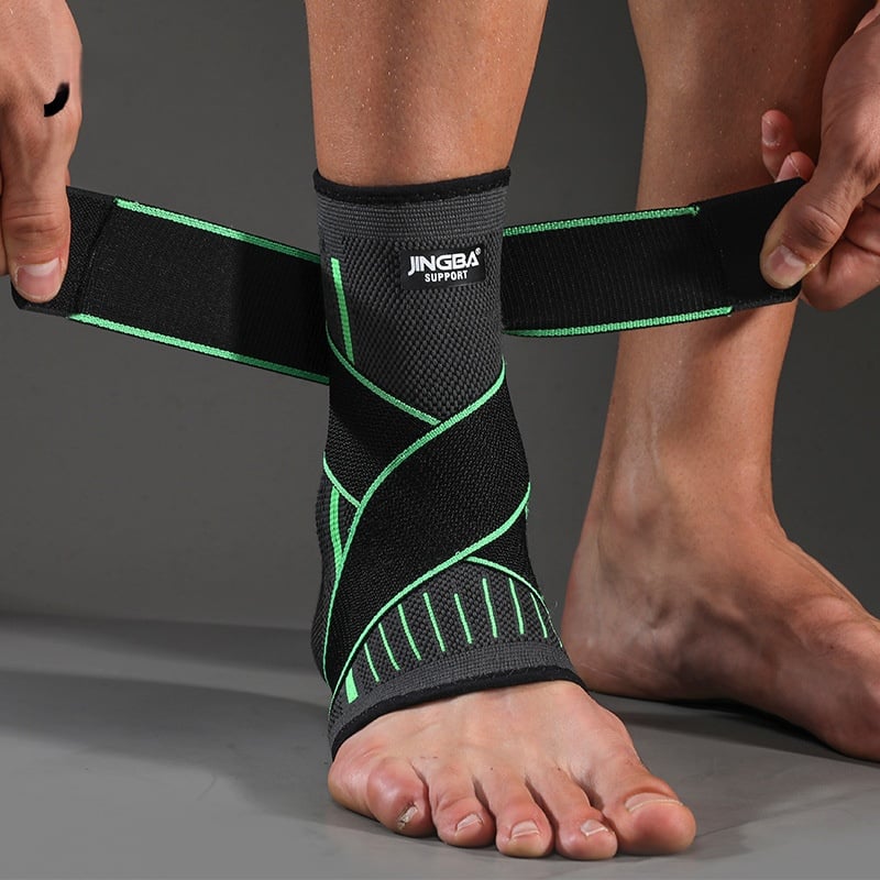 Ankle guard for running featuring three designs in black, orange, and green, providing support during sports activities.