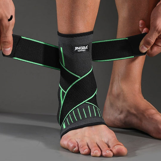 Ankle guard for running featuring three designs in black, orange, and green, providing support during sports activities.