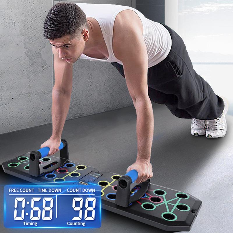 Multifunctional foldable push-up board with timer and counter for effective training.