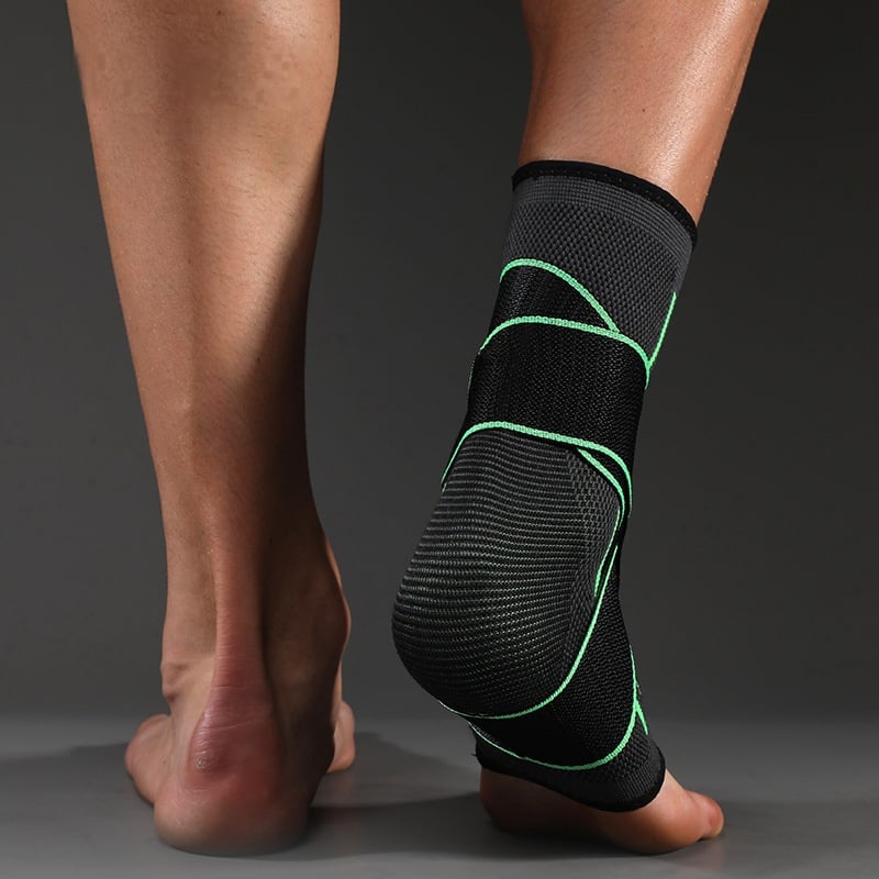 Ankle guard for running featuring three designs in black, orange, and green, providing support during sports activities.