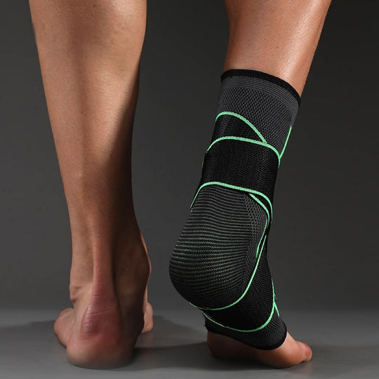 Ankle guard for running featuring three designs in black, orange, and green, providing support during sports activities.